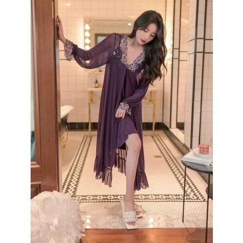 Hanxiuju Hot Sexy 2 Pieces Robe Sets For Lady Deep V-Neck Vintage Long Nightshirts Summer Autumn Modal Gauze Night Dress