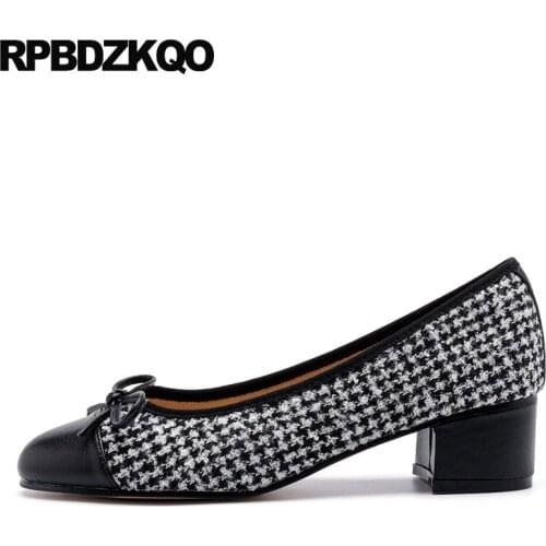 Round toe size 4 34 thick ladies medium heels 2019 high bow fashion brown black casual pumps luxury women shoes slip on designer