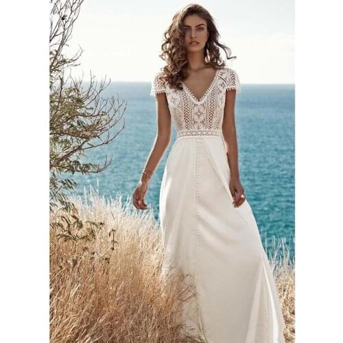 Boho Lace A Line Chiffon Wedding Dresses 2021 V Neck Backless Beach Bride Dress Cap Sleeve Sweep Train robe de soirée de mariage