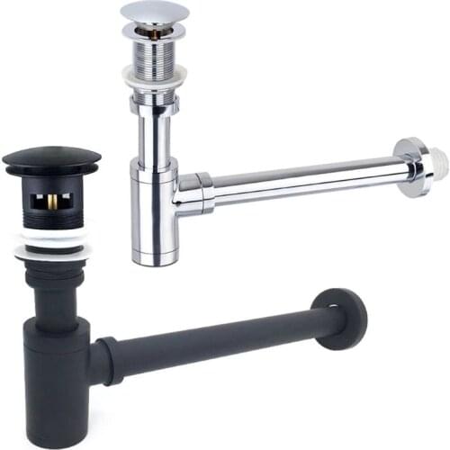 Bathroom Basin Bottle Trap Drain Matt Black Sink Drain Pop Up Stopper Kit Waste Siphon Full Brass P-trap Home Renovation
