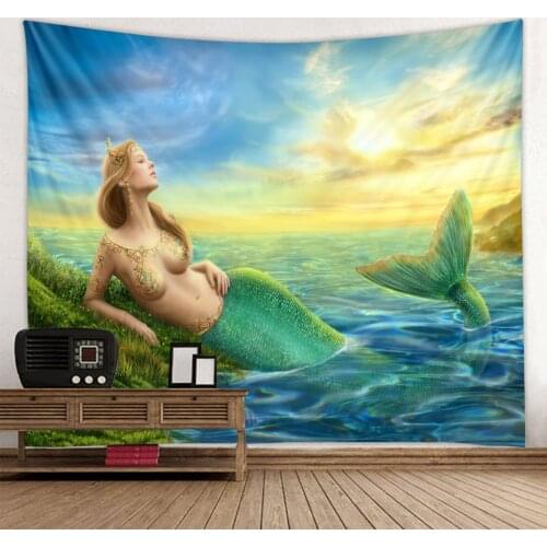 Cartoon oil painting mermaid landscape tapestry digital printing bedside wall decoration hanging cloth extra large size optional