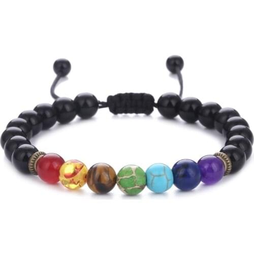 Natural Stone Tiger Eye 7 Chakra Bracelets & Bangles Yoga Balance Beads Buddha Prayer Elastic Bracelet Men pulseira masculina