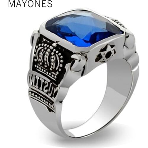 Mens Blue Crystal Ring Square Natural Stone Real Genuine 925 Sterling Silver With Vintage King Crown Carved Fine Jewelry