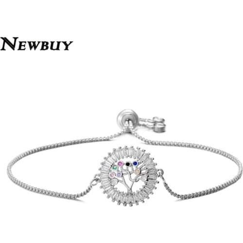 NEWBUY Luxury T Shape CZ Stone Pave Setting Bracelet Fashion Life Tree Charm Bracelet For Women Girl Adjustable Coper Chain
