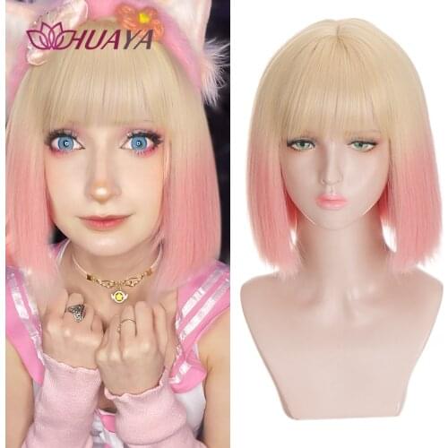 HUAYA Pink Ombre Blonde Short Straight Bob Wigs for Women Party Cosplay Wig With Bangs Heat Resistant Synthetic Wigs