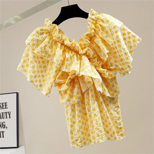 Sequins Daisy Embroidery Shirt Women New Irregular Sweet Ruffled Stitching V-neck Waist-Controlled Slimming All-Match Top Blusas