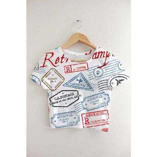 Custom Made Your Designs Sublimation Print Vintage Retro Postal Stamps Print Milk Silk Crop T-Shirt Tops