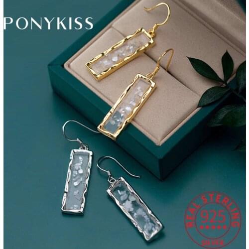 PONYKISS 100% 925 Sterling Silver Zircon Geometric Dangle Drop Simple Shell Earrings Women Party Delicate Elegant Accessory Gift
