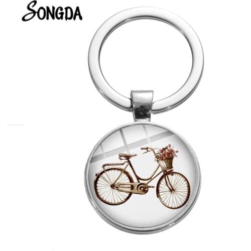 Vintage Bicycle Keychain Casual Sports Cyclist Minimalist Style Art Key Chain Glass Round Keyring Bike Series Collection