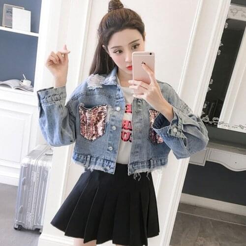 2021 New Hole Out Womens Short Jean Fashion Sequins Pocket Long Sleeve Denim Jacket Female Casual Crop Tops Casaco Feminino