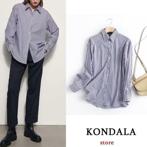 KONDALA Women Shirts Za Fashion 2021 Striped Print Office Lady Shirts Long Sleeve Spring Blouse Chic Mujer Tops