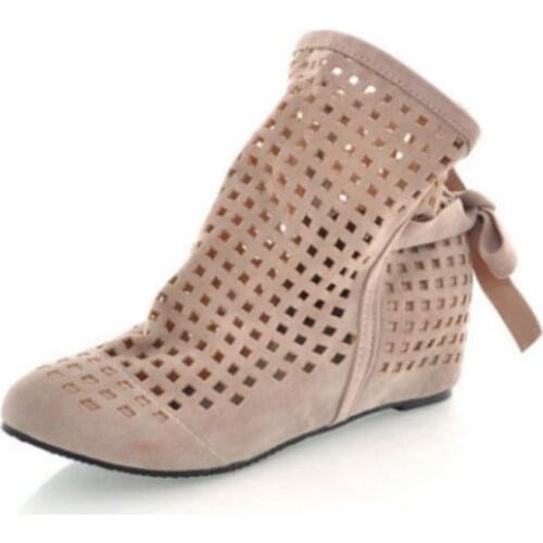 Ladies Big Size 34-43 Increased Within Wedges Bow Mid-calf Cut-Outs Winter Booty High Heel Boots Riding.Equestrian Women Shoes