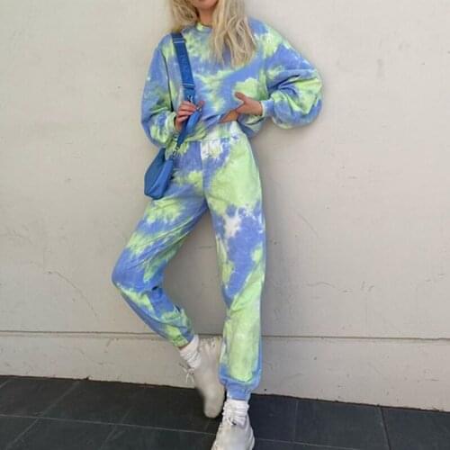 Women Tie Dye Two Piece Sets Long Sleeve Pullover Tops And Elastic High Waist Pant Suits Casual Female Lounge Wear Tracksuits