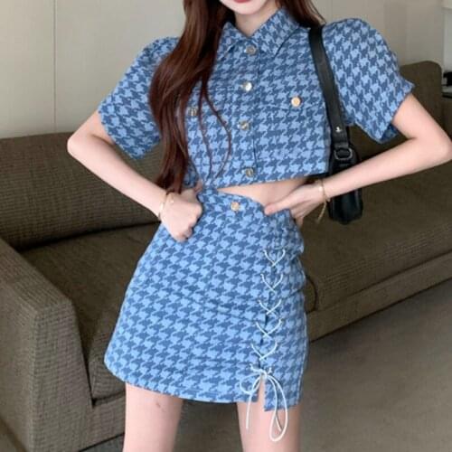 Vintage Houndstooth Skirt Suit Short Cardigan Top Women 2021 Summer + Cross Bandage Hip Skirt Two Piece Set Conjuntos De Vestido