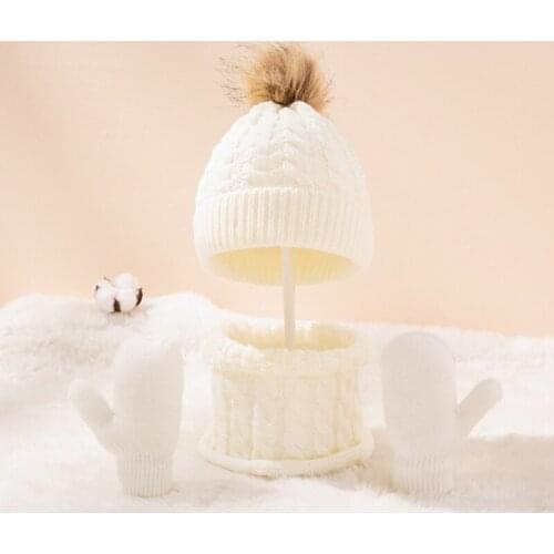 Winter Warm Baby Solid Color Hat Gloves Scarf Set Fur Ball Beanies Mitten Scarves Kit for Toddler Girls Boys Knitted