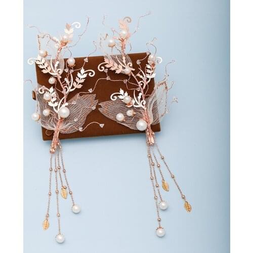 1Pair New Fashion Gauze Leaf Rhinestone Pearl Tassels Hairpin Small Fresh Bride Side clip Wedding Dress Hair Accessory BN