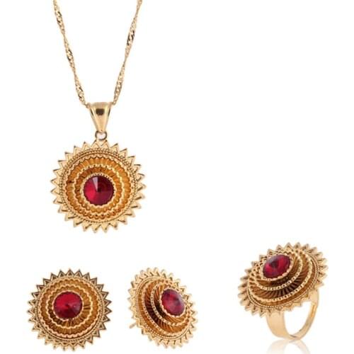 Bangrui New Arrival Gold Color Ethiopian Jewelry sets With Bule/Green/Red Stone African Gift Habesha Jewelry Gift