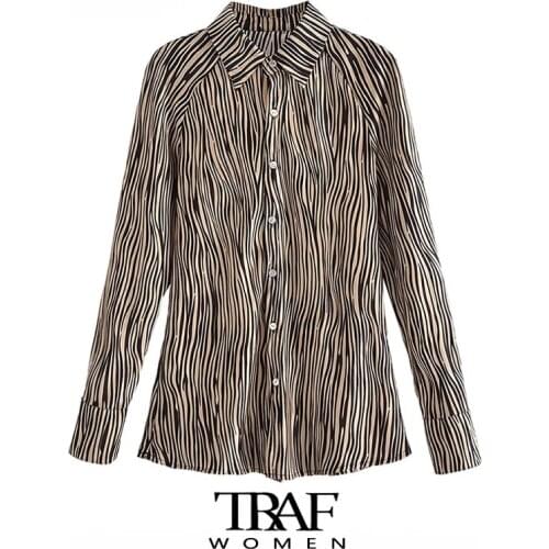 TRAF Za Women Fashion Zebra Print Fitted Blouses Vintage Long Sleeve Button-up Animal Pattern Female Shirts Chic Tops