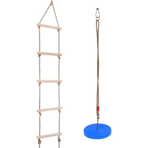 Kids Outdoor Tree Hanging Disc Rope Swing + Climbing Ladder for Garden Park Playground Playing - Blue