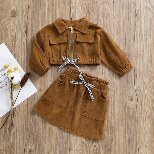 Kids Corduroy Short Skirt Set Long Sleeve Lapel Zipper Collar Tops Elastic Waist Skirt Kids Clothing