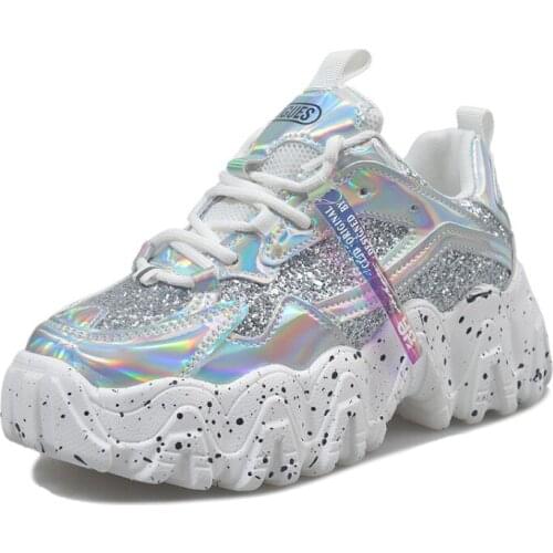 Spring Womens Chunky Sneakers Fashion Women Platform Shoes Bling Sequined Lace-Up Vulcanize Shoes Female Trainers Dad Shoes