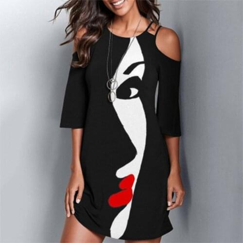 Summer Round Neck Fashion Dress Face Mask Printed Mini Dress Off Shoulder Sleeve Oversized Ladies Dress