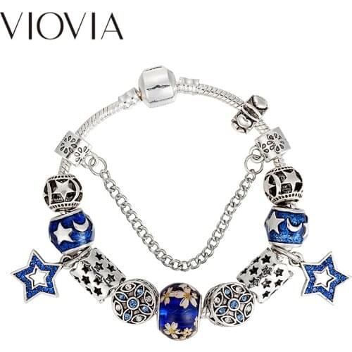 VIOVIA Hot Sale Blue Star Series Beads Charms Bracelets & Bangles Fasgion Bracelets for Women Diy Jewelry B17123
