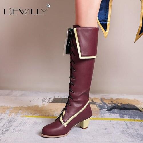 Lsewilly Lolita Women Costume Anime Cosplay Boots Knee High 2020 Winter Shoes Med Heels Riding Knight Long Boots Large Size