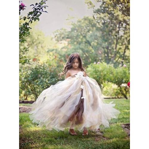 Cute Girls Flower Petals Tutu Dress Kids Single Shoulder Tulle Dress Ball Gown with Ribbon Children Wedding Party Costume Dress