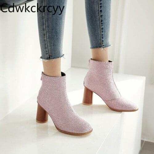 Winter The New fashion Round head Round heel Martin boots Pink sweet Sequins Plus cashmere Keep warm High heel Women boots 34-48