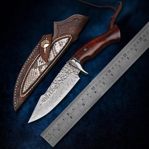 TURENZ- Damascus Steel Fixed Blade Knife Wooden Handle With Sheath Camping Knife Hunting Knives Gift Outdoor Survival Tools