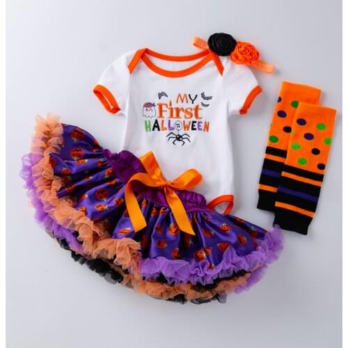 4PCS 0-2 Years Baby Girls Halloween Party Embroidery Design Clothing Cotton Short Sleeve Romper Skirt Costume