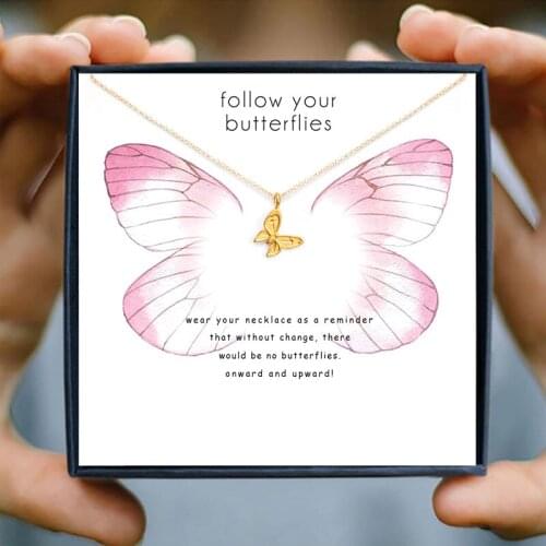 Icareu Gold Color Butterfly Necklace Best Wish Card Gold Chain Clavicle Short Necklaces Valentines Day Gift Box Jewelry 2021