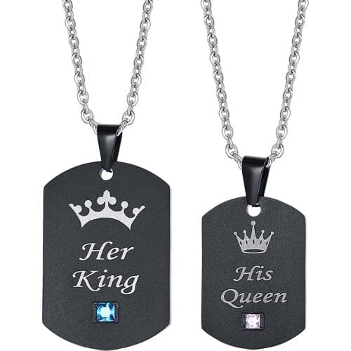 Stainless Steel Dog Tag Crown His Queen Her King Couple Pendant Necklace