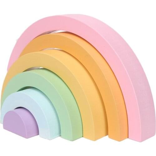 24cm Macaron Rainbow Toy Decoration 6pcs Wooden Rainbow Stacker Big Size Puzzle Blocks Montessori Toys Creative Decoration