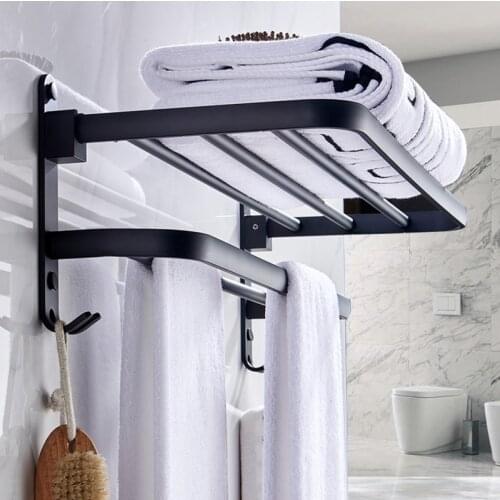 Foldable Towel Rack Bathroom Wall Mounted Towel Holder Shelf Storage Rack Double Towel Shelf Aluminum Black Towel Holder