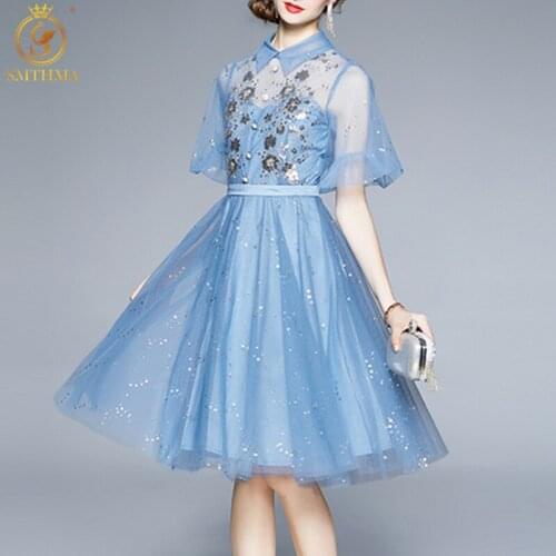 SMTHMA 2021 New Fashion Runway Designer Blue Summer Dress Women Sequins Embroidery Mesh Elegant Party Dresses Vestidos