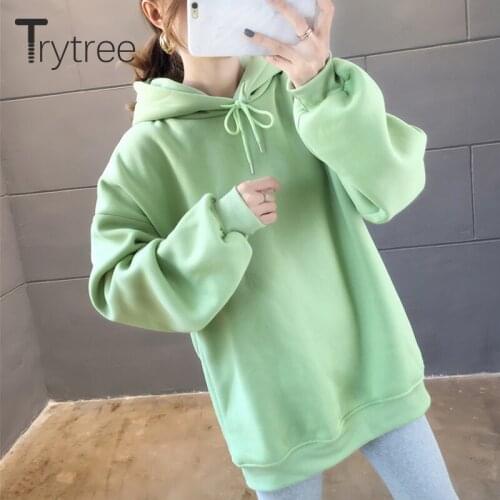 Trytree 2020 Winter Casual Womens Hoodies Fleece Liner Drop-shoulder Cotton Blend Streetwear Solid 6 Color Loose Tops for Women