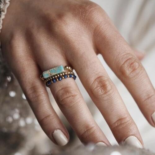 Unique Natural Stone Women Beaded Rings for Wedding Party Gift Handmade Bohemian Jewelry Multi Color Opal Amethyst Ring Stretchy