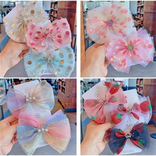 10pcs/lot Handmade Dot Mesh Hair Bows Soft Girls Heart Sweet Hair Clips Crown Princess Hairpin Barrettes Kids Hair Accessories
