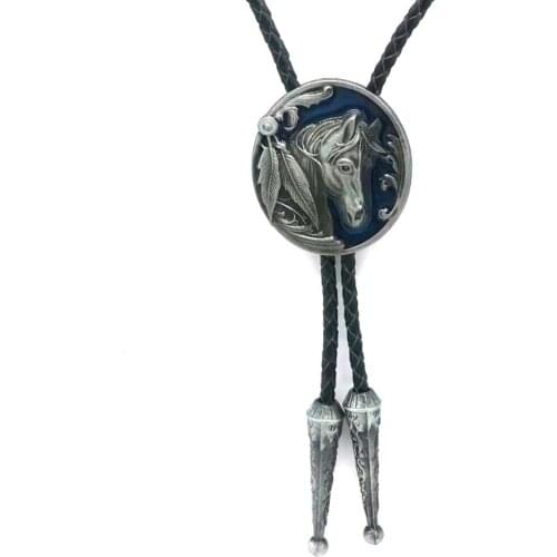 Western cowboy polo tie horse head blue paint new mens wedding accessories