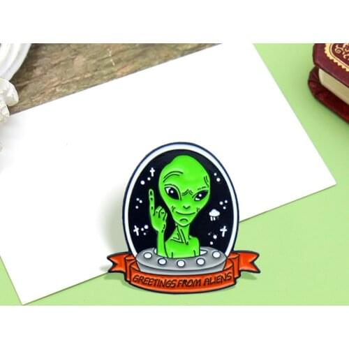 Green Alien UFO Enamel Pin GREETINGS FROM ALIENS Shape spaceship Alien middle finger Space Lapel Badges Brooch Jewelry Wholesale