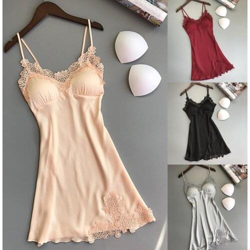 Womens Sexy Lingerie Silk Nightgown Summer Dress Lace Night Dress Sleepwear Babydoll Nightie Satin Homewear Chest Pad Nightwear