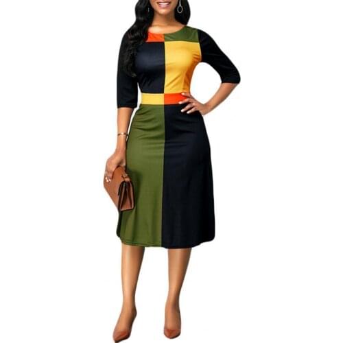 Dress Women 2021 Fashion Women 3/4 Sleeve O Neck Geometric Patchwork Large Hem Knee-length Dress Ladies Casual Dress Vestido