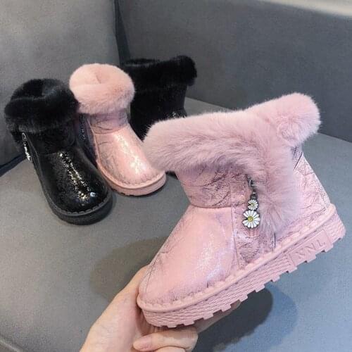 2021 Winter Warm Kids Boots for Girls Thick Plush Fluffy with Daisy Flower Pendant Children Snow Boots Princess Fashion 25-36