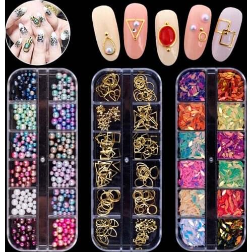 12 Cell Nail Art Decor Rhinestone Glitter Crystal Gems Bow Snowflake Acrylic UV Polish 3D Tips MH88