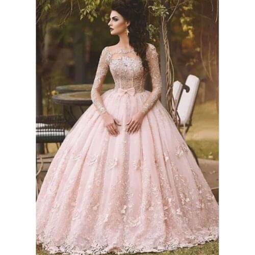 2016 Fashion Pink Bateau Appliqued Beaded Long Sleeve Puffy Princess Prom Dresses