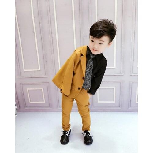 2018 High quality formal Spring and autumn brown boys blazer suit Gentlemens lapel Solid into casual suit 2pcs ( coat+ pants)