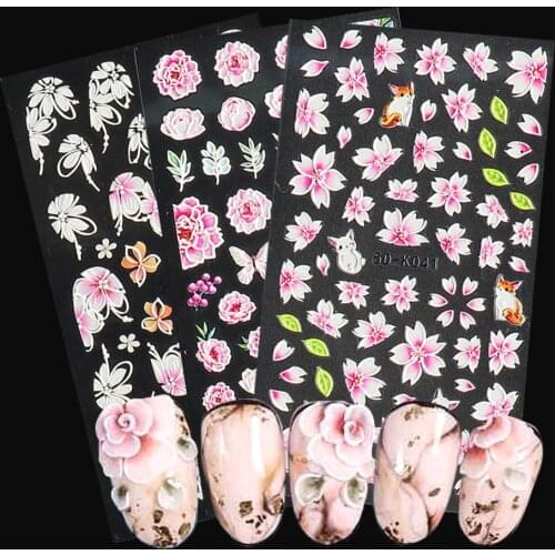5D Embossed Temporary Tattoo Stickers For Nails Pink Plum Blossom Flowers Nail Art Polish Foils Leaf Rose Manicure Slider BE5D-K
