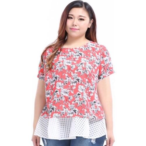 4XL To 10XL Plus Size Blouses Hollow Out Mesh Stitching Women Tops Thin Floral Printed Shirt Blusas Mujer De Moda T14146